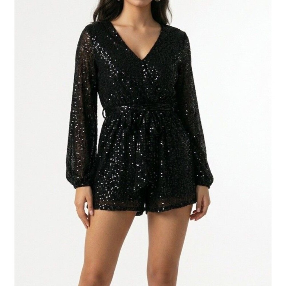 Petal and Pup Monica Sequin Romper Black V-Neck Long Sleeve M Medium Playsuit